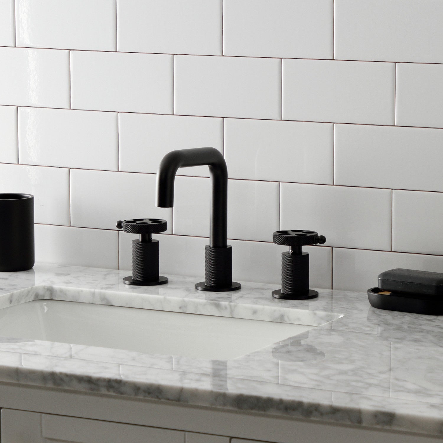 Kingston Sona KS1410RKX - Webb Two-Handle 3-Hole Deck Mount Widespread Bathroom Faucet with Knurled Handle and Push Pop-Up Drain, Matte Black — thumbnail 2